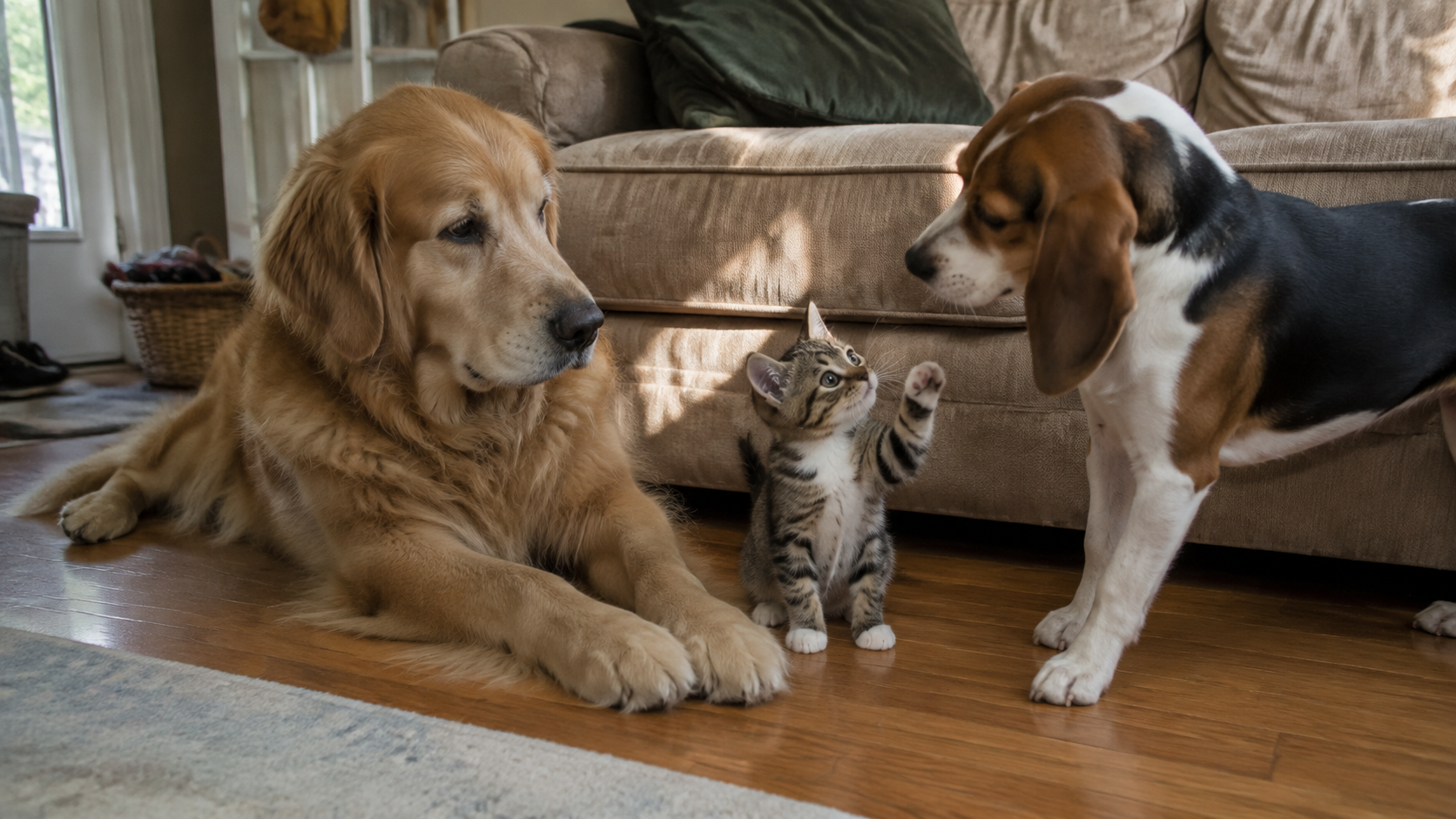 Golden Retriever, Beagle and tabby kitten displaying curious pet behavior at home