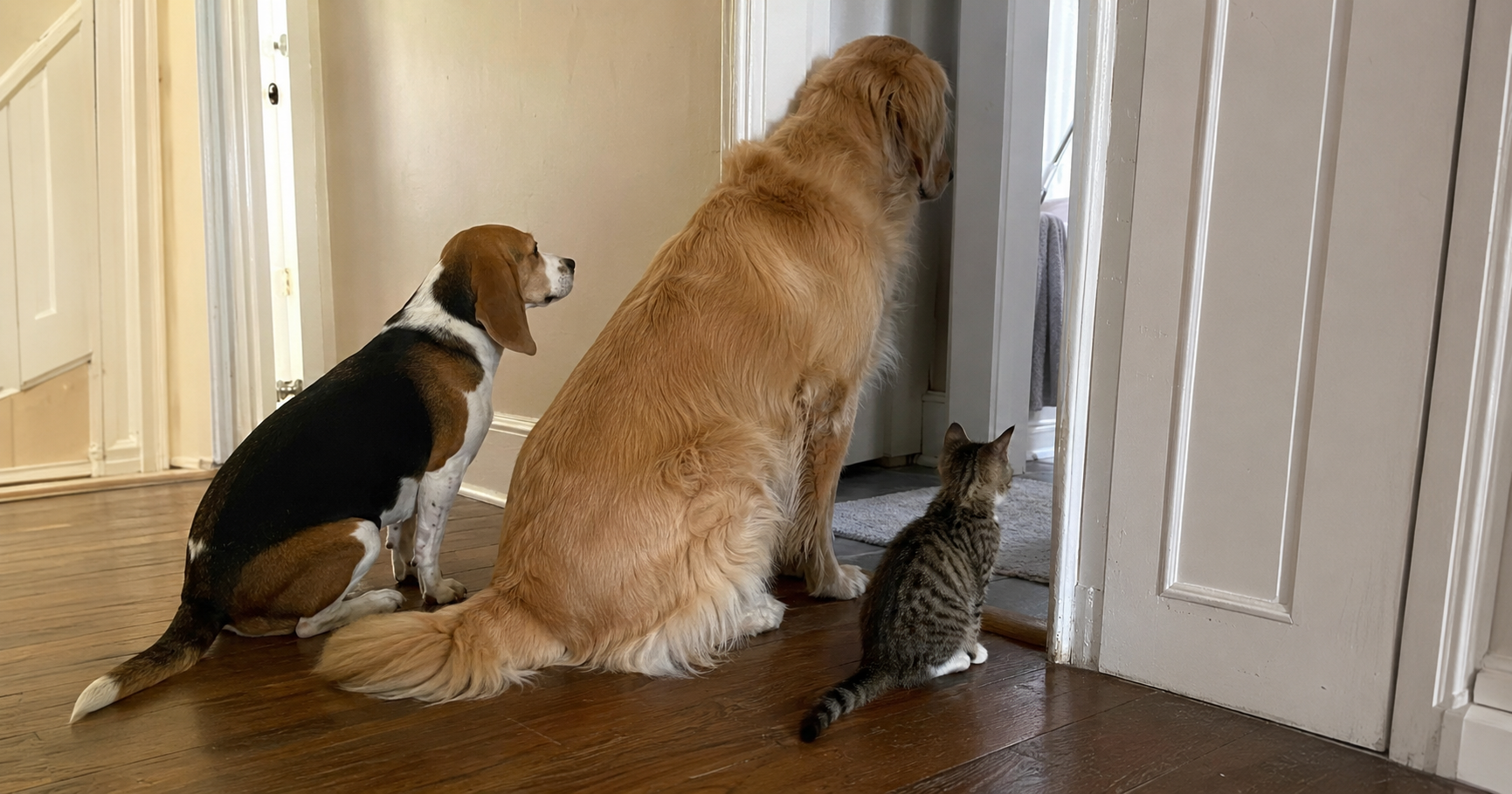 Why does my pet follow me to the bathroom? Moose, Pickle and Bean wait outside the door.